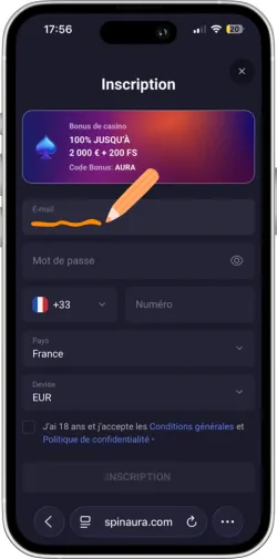 Saisie email inscription SpinAura casino en ligne
