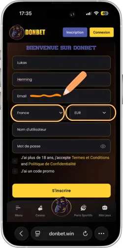 Sélection pays France et devise EUR sur Donbet