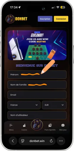 Formulaire Donbet saisie prénom nom joueur