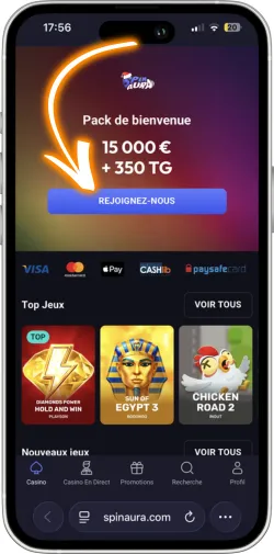 Page accueil SpinAura Casino bouton inscription France