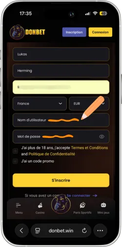 Création identifiant et mot de passe Donbet casino