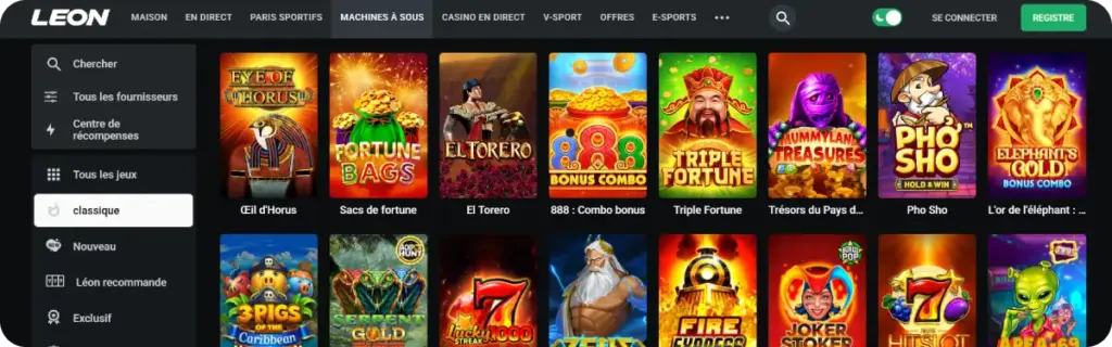 Découvrez la section machines à sous de Leon casino avec plus de 5 000 titres disponibles en France